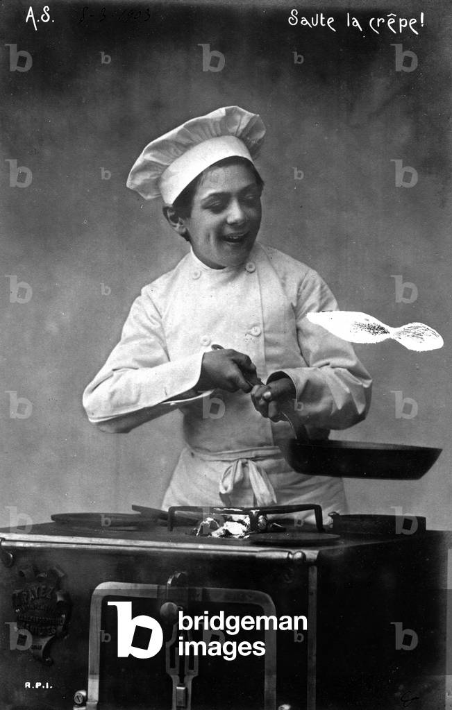 France: fantasy photography of a cook blowing up the crepe, 1903