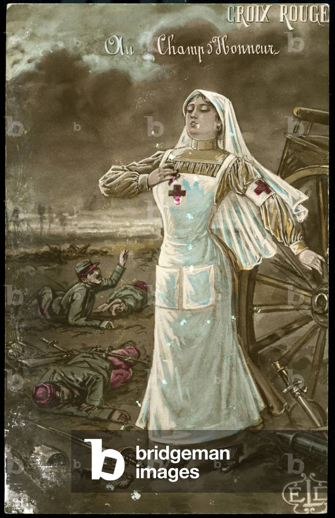First World War: France, Patriotic Map showing a drawing of 'a nurse bravely travelling the battlefield to help the wounded, 1915,' Red Cross in the Field of Honour '