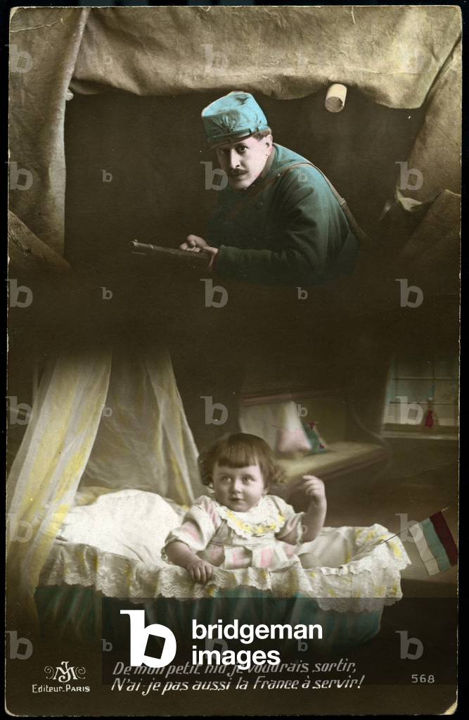 First World War: France, Patriotic Map showing a new born in his cradle thinking of his father in battle waiting for his return as a vaicher, 1916