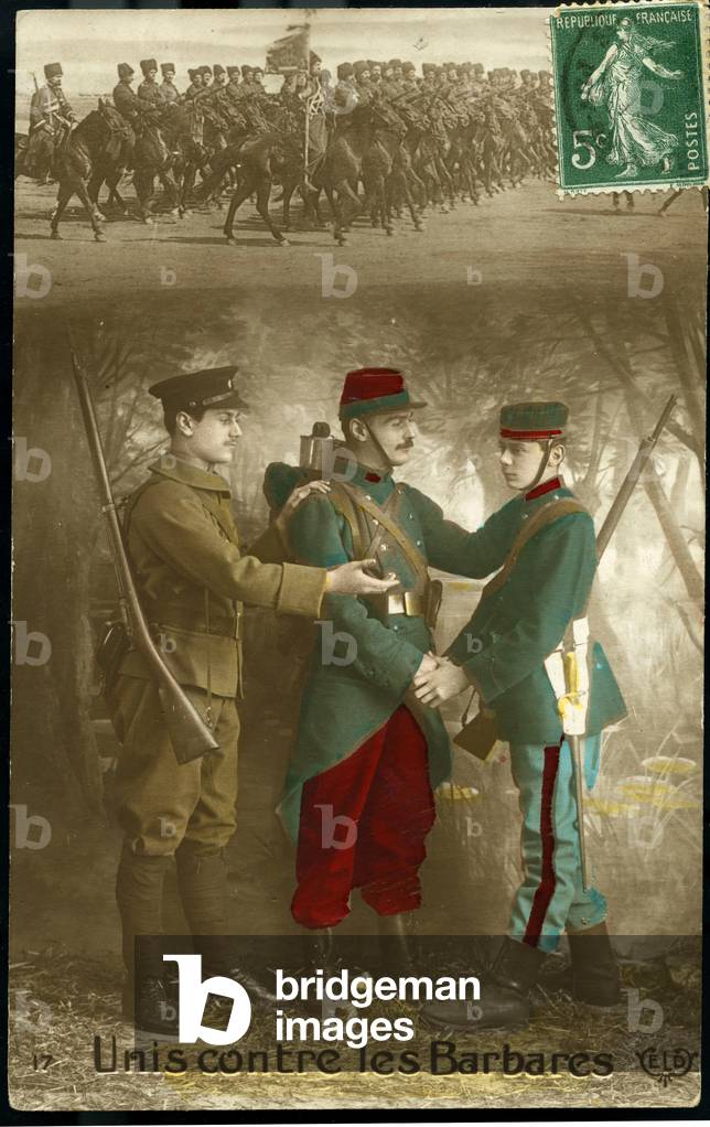 First World War: France, Patriotic Map showing a Belgian soldier, an English soldier and a French soldier shaking hands, entitled 'united against the barbarian', 1915