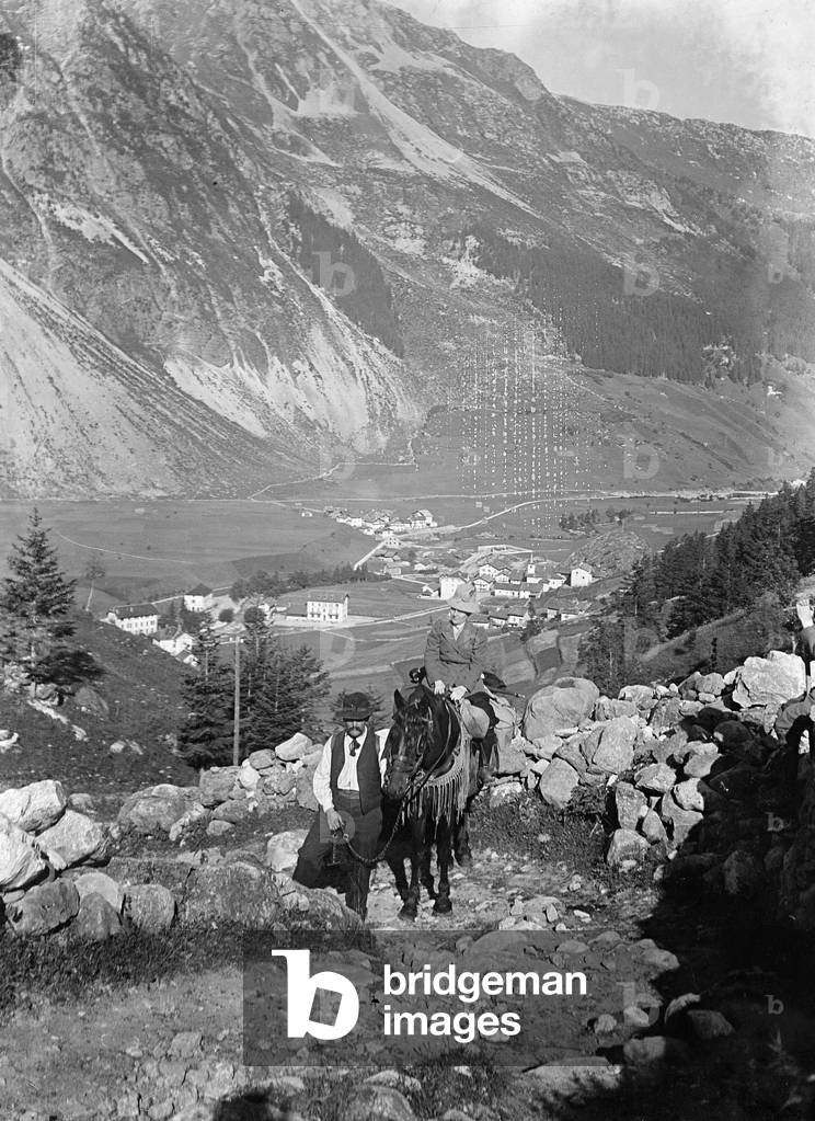 France, Rhone-Alpes, Savoy (73), Pralognan: the village and the church, horseback riding, 1900