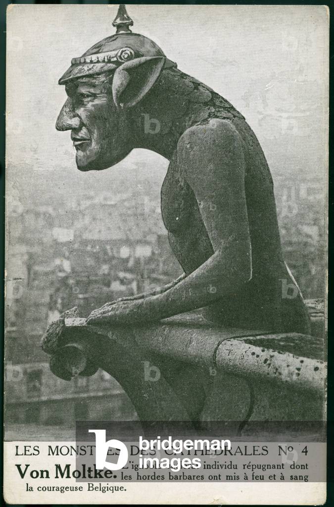 First World War: France, Patriotic Map showing a gargoyle of cathedrale transforms into German general entitled: 'The monsters of cathedrales number 4 Helmuth Johannes Ludwig von Moltke (1848-1916)', 1915