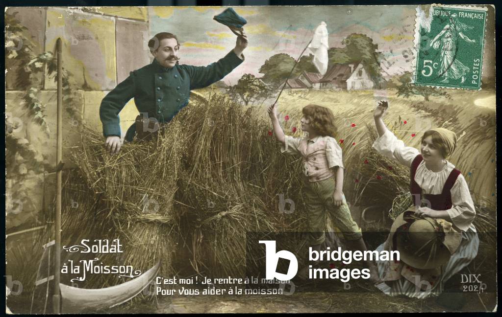 First World War: France, Postcard showing a reconstitution of a studio with a Demobilise soldier to come to harvest for his family entitled, 1915
