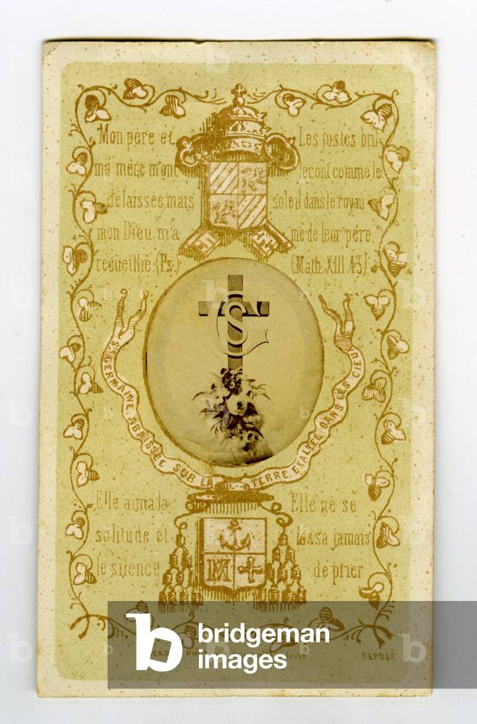 Toulouse, Haute Garonne (31), Midi-Pyrenees, France, Photography of a crucifix surrounded by flowers dedicated to Sainte Germaine with the weapons of the eveche of Toulouse, 1865
