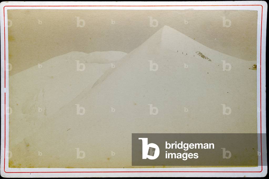 France, Rhone-Alpes, Rhone (69): Snow-covered Mont Blanc with mountaineer at the summit, 1885