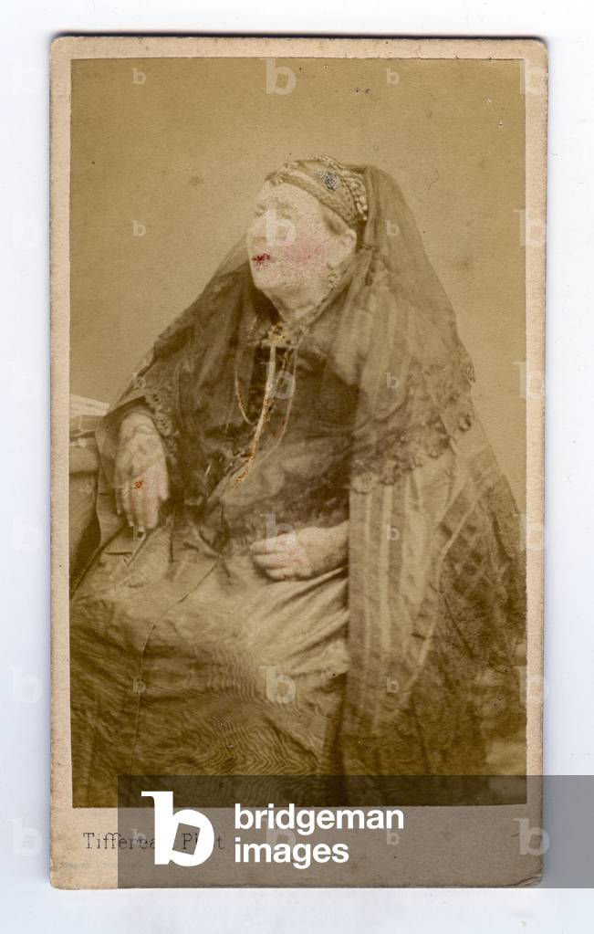 France, Colorful portrait of an old aristocrat with jewelry and lime, 1867