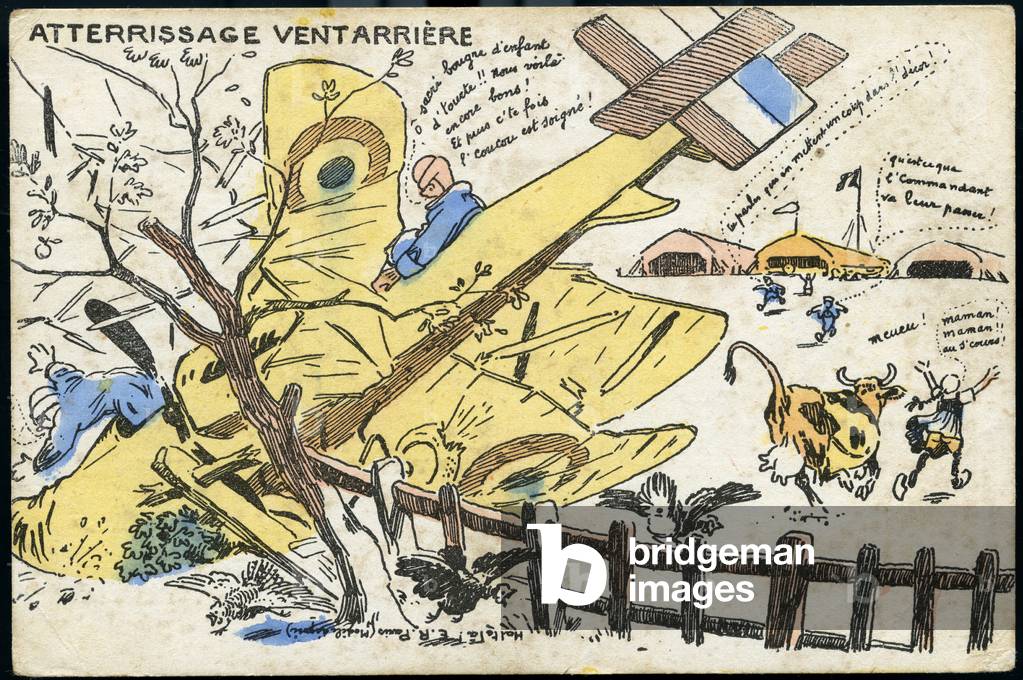 First World War: France, Humorous propaganda postcard showing the force landings, 1917