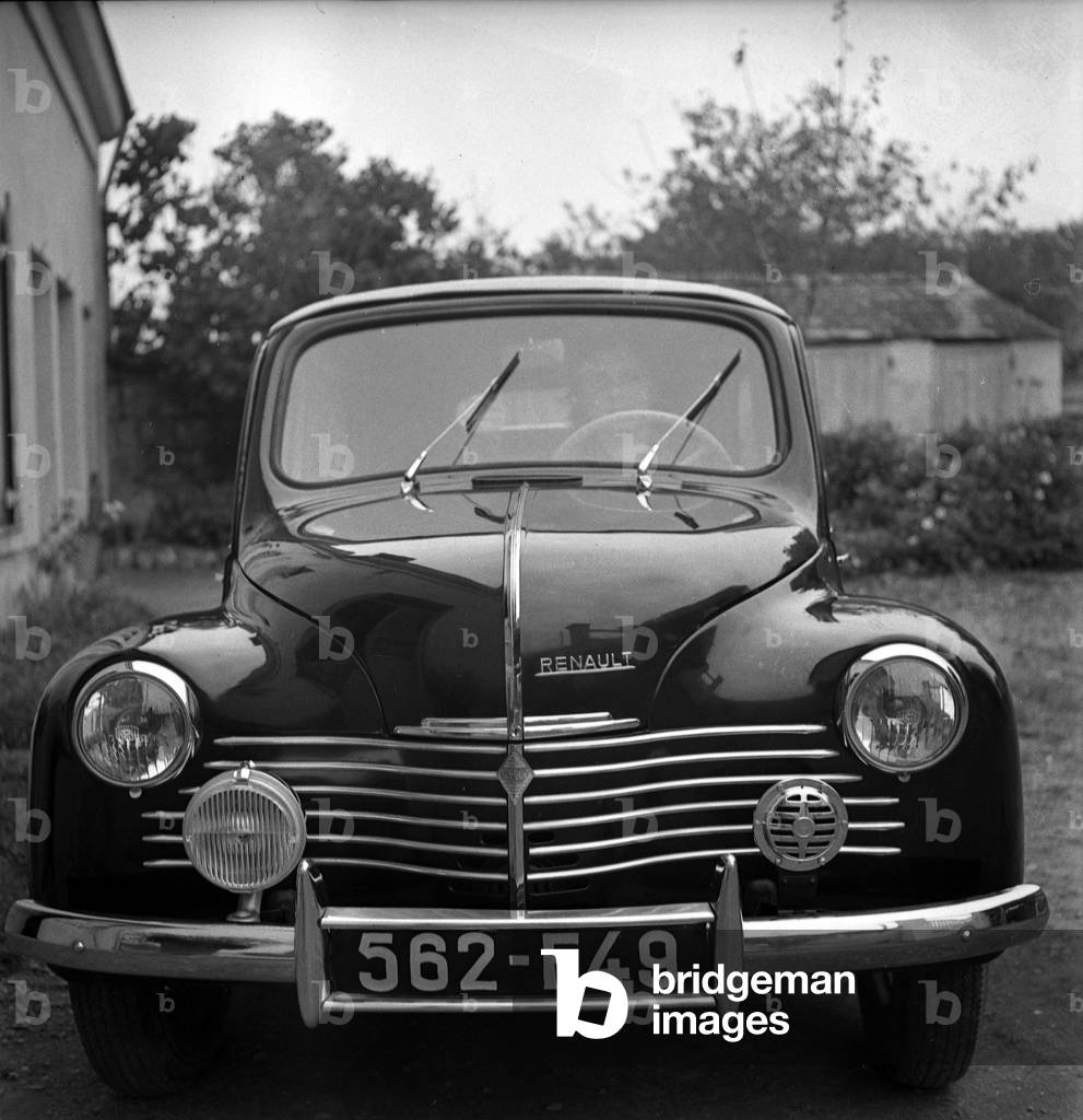 France: Close up on a Renault 4-horsepower car, from the front, 1955