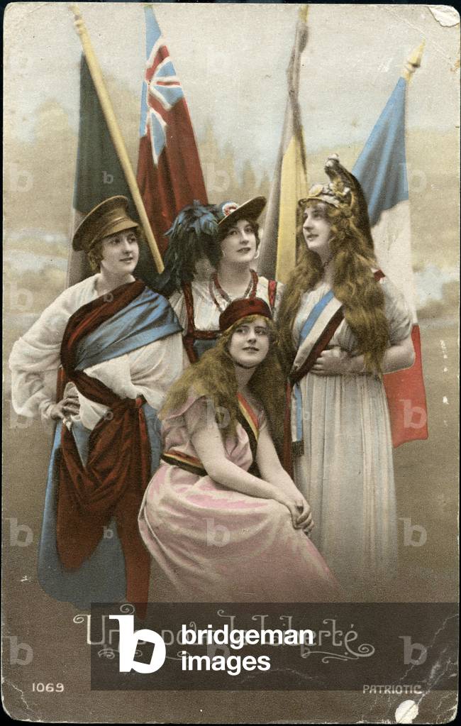 First World War: France, Patriotic Map showing four young girls symbolically dressed in uniforms of the French, Italian, English and Belgian armed forces pose with their flag, entitled 'united for freedom', 1916