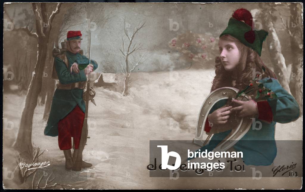 First World War: France, Patriotic Map showing a little girl with a horseshoe and a military kepi thinking of her father guarding in a snow landscape, titled: 'I think of you', 1915