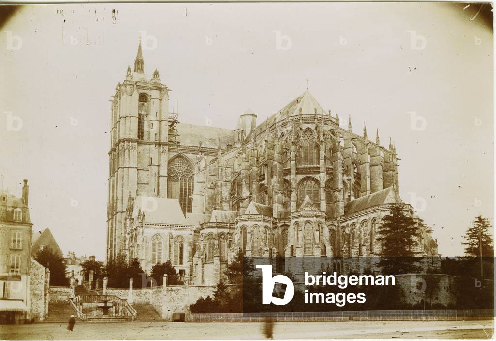 France, Pays de la Loire, Sarthe (72), Le Mans: cathedrale du Mans with scaffolding, 1885