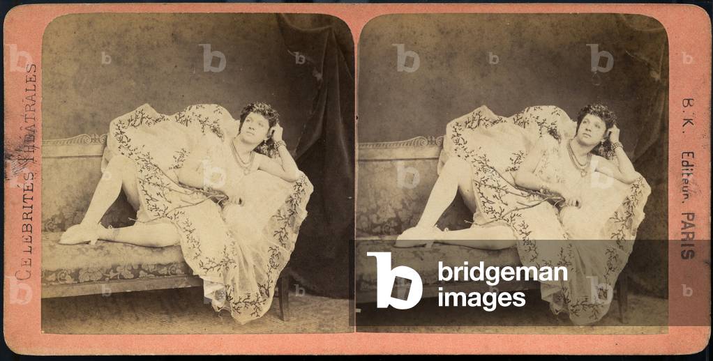 France, Ile-de-France, Paris (75): Portrait of Gabrielle Deslile lying on a sofa, lascivious pose, 1865 - series 'celebrites theâtrale' bk editor