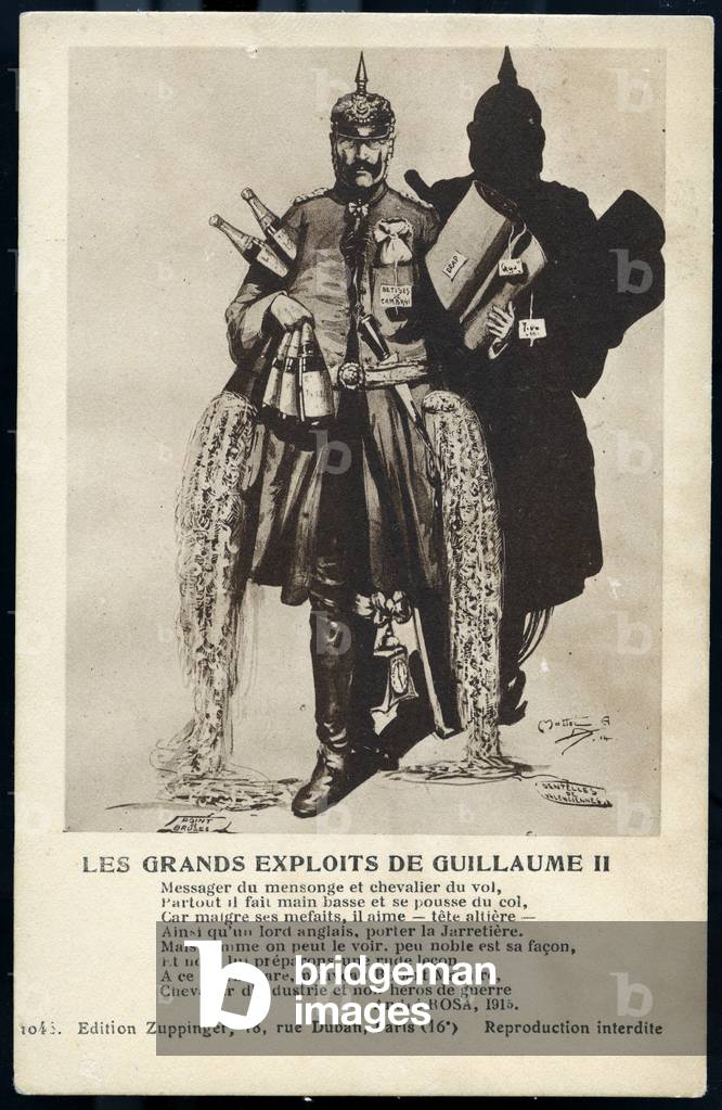 First World War: France, Patriotic Map showing William II on him everything the Germans took during their invasion, champagne, pendulum, lace, 1916