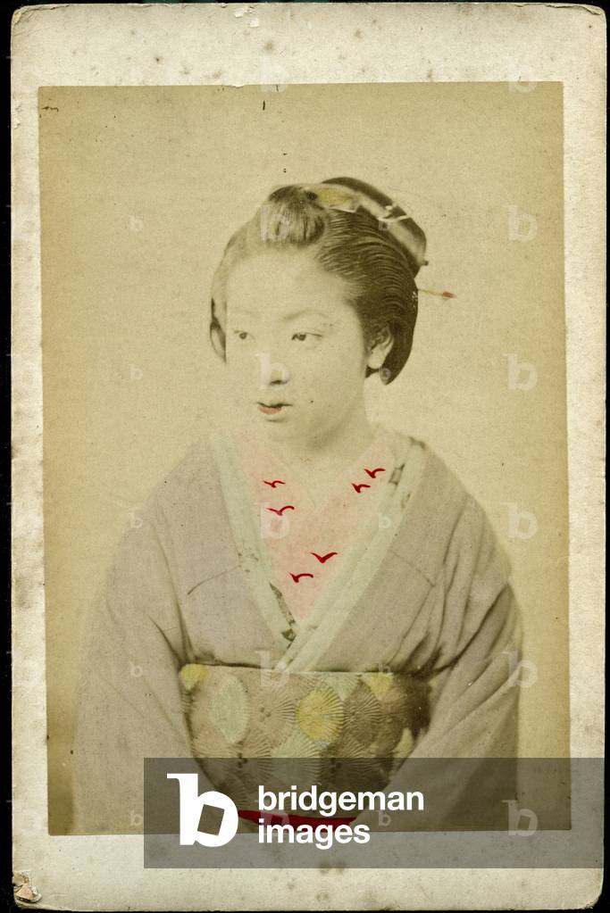 Colorful portrait of a young japanese in kimono, 1870