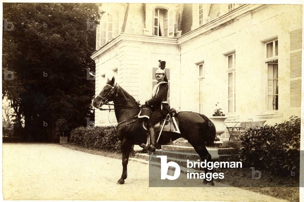 France, Centre, Indre-et-Loire (37), Chambray les Tours (Chambray-les-Tours): the Viscount d'Ornano, father of Ludovic d'Ornano, dressed as a battleshier on his horse in front of his Chateau, 1880