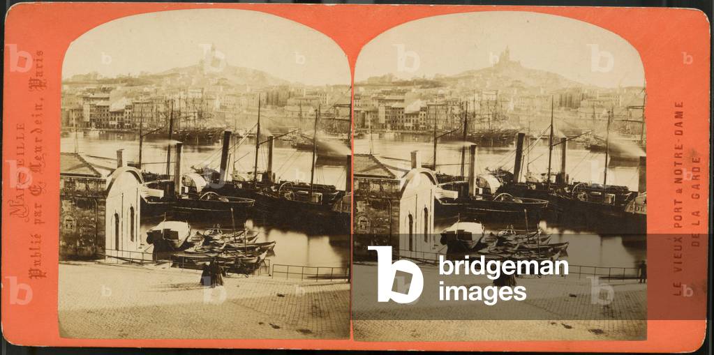 France, Provence-Alpes-Cote d'Azur, Bouches-du-Rhone (13), Marseille: The old port with sailboats and wheeled boat at dawn, and Notre-Dame-de-la-Garde, 1865