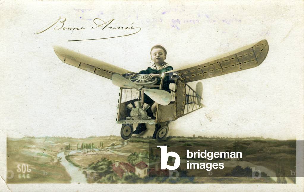 France: whimsical representation of a Bleriot with a child pilot, 1909