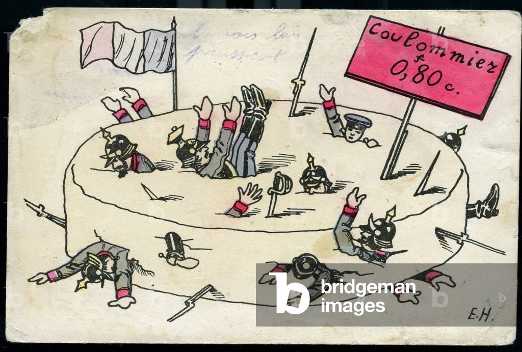 First World War: France, drawn postcard showing German soldiers engulfed in Coulommiers cheese, the only French victory of the War of 1870, 1915