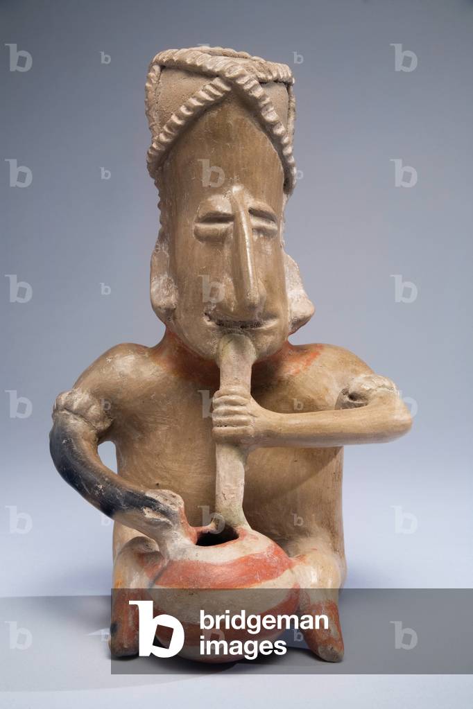 Figure with bowl, Pacific Coast, Mexico, c.300 BC-300 AD (ceramic & slip paint)