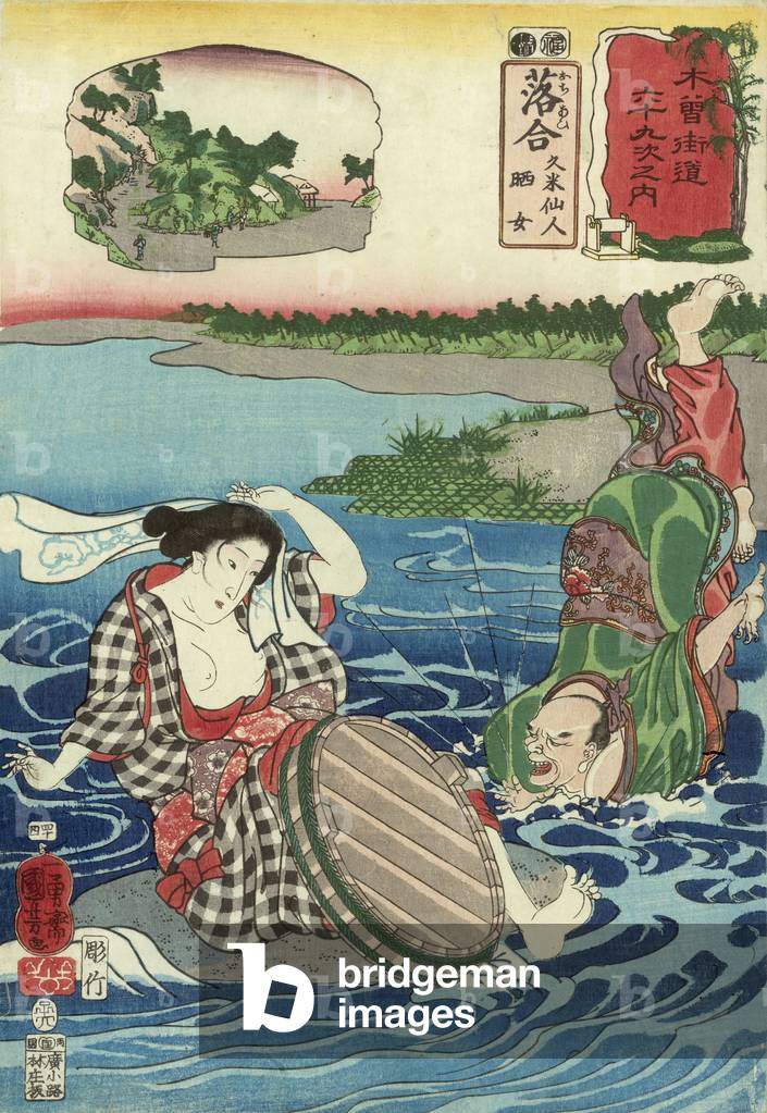 Kume Sennin cade in un fiume alla vista di una donna a petto nudo accovacciata su una roccia, Stazione 45, edi