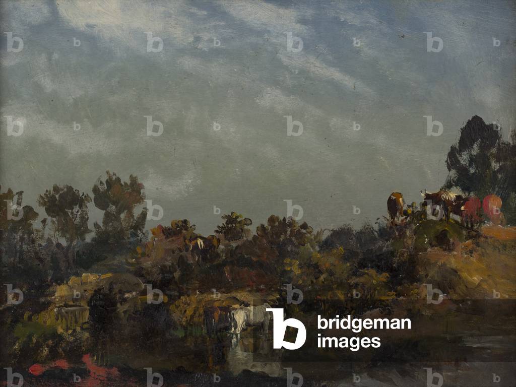 Landscape with Cows by a River (oil on card)