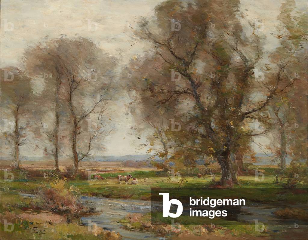Cattle Grazing In a Wooded River Landscape (oil on canvas)
