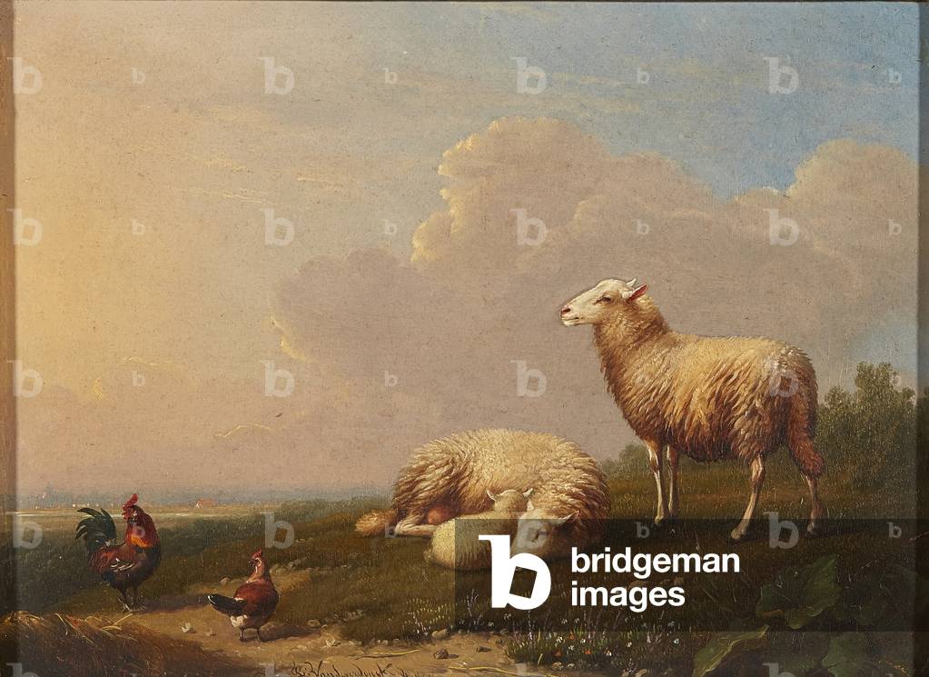 Sheep and Chickens in a Meadow (oil on panel)