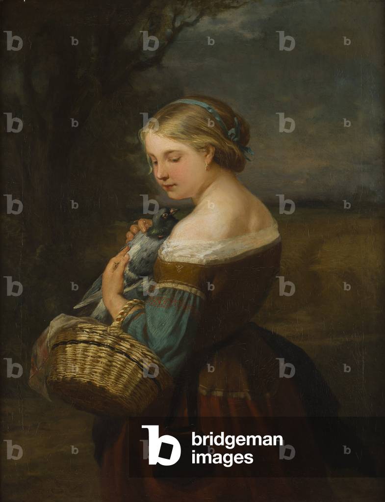 Portrait of a Peasant Girl with a Pigeon (oil on canvas)