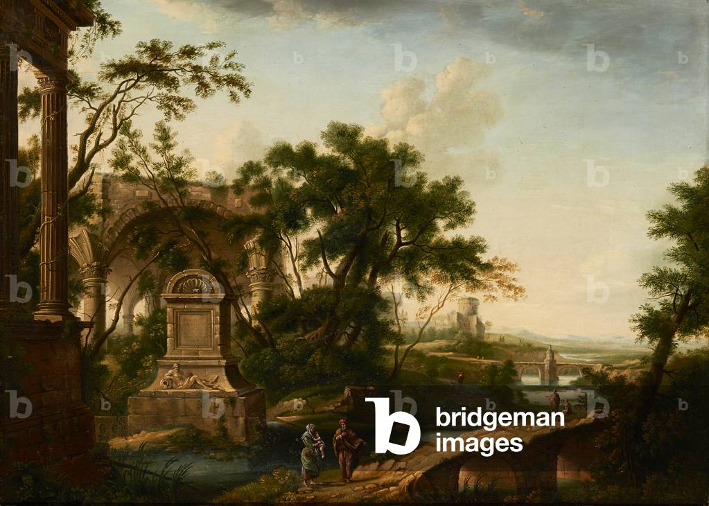 A Classical Landscape with Figures By Ruins (oil on canvas)