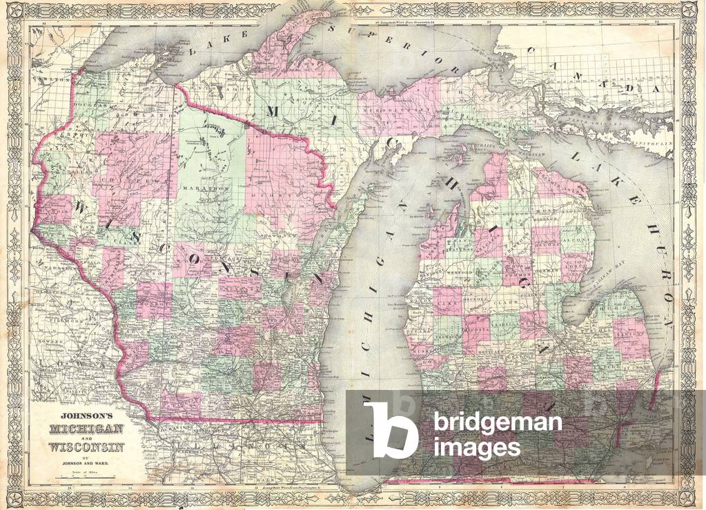 1863, Johnson Map of Michigan and Wisconsin