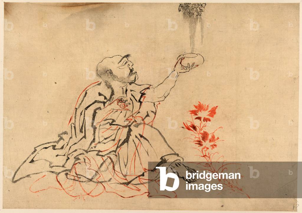Handaka Sonja, Handaka Sonja One of the Sixteen Rakan or Arhats. One of the Sixteen Rakan or Arhats Disciples of Buddha, Sitting Next to a Flower and Holding Up a Bowl in His Left Hand. He Appears to Be Collecting Rain, which He May Use to Produce the Dragon Typically Associated with Him, Specifically, Arising from the Bowl.