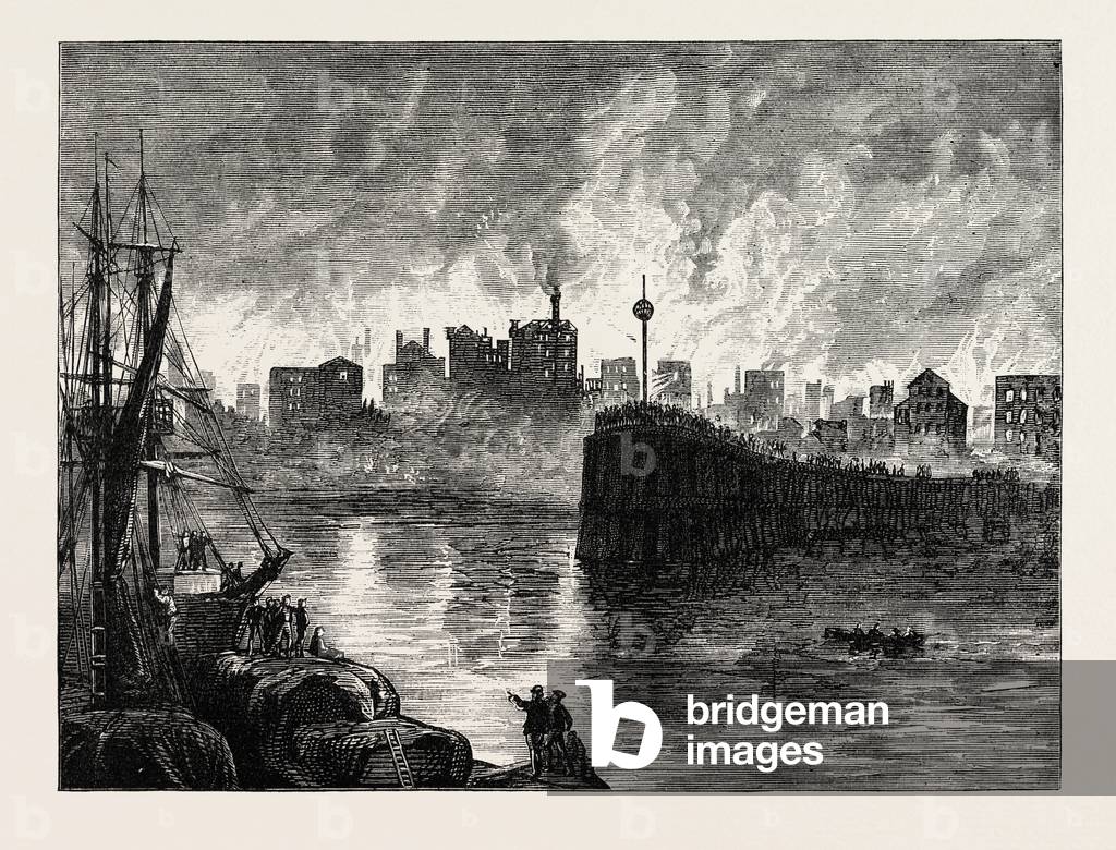 The Burning of Chicago,USA, 1870s Engraving