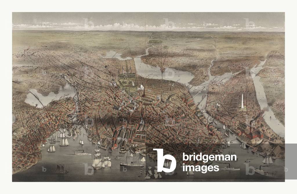 Birds eye view of the City of Boston by Currier & Ives circa 1873, US, USA, America ©LisztCollection/Leemage