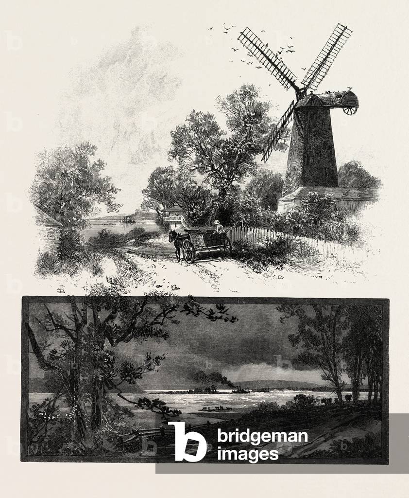Lower Ottawa, Old Windmill on Lachine Road, and Distant View of Lachine Rapids, Canada, Nineteenth Century Engraving
