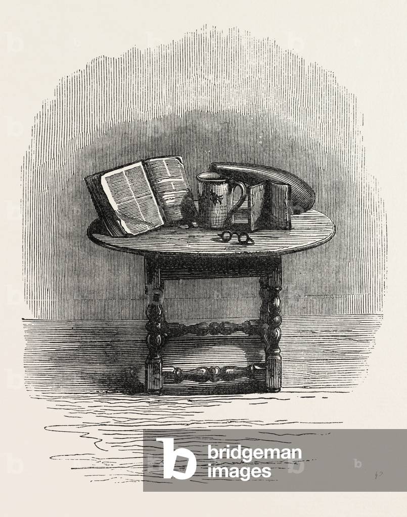 Bible Brought Over in the Mayflower, in Pilgrim Hall, New Plymouth,USA, 1870s Engraving