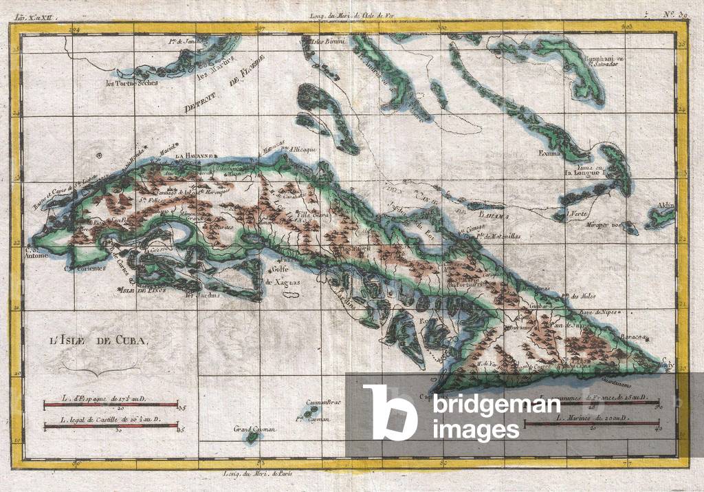 1780, Raynal and Bonne Map of Cuba, West Indies, Rigobert Bonne 1727 Ð 1794, one of the most important cartographers of the late 18th century