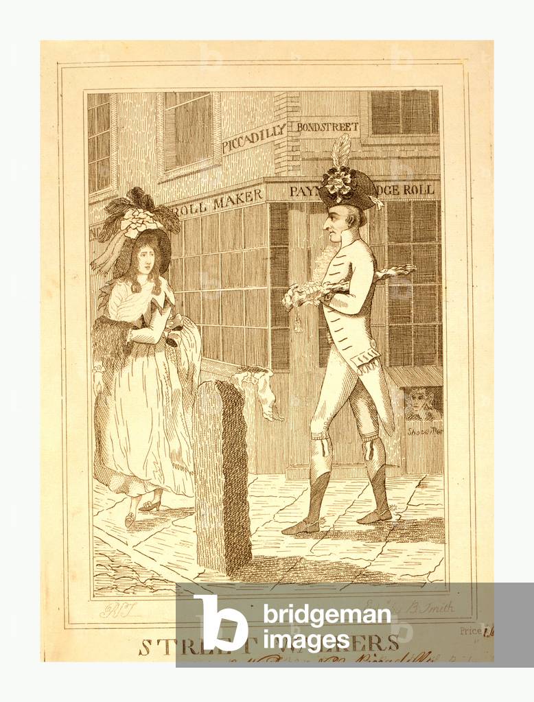 Street Walkers, En Sanguine Engraving 1786, a Well Dressed Man Wearing Large Hat, Possibly George Hanger, Walking at the Corner of Bond Street and Piccadilly, There He Meets the Gaze of a Fashionably Dressed Young Woman, a Prostitute(?), Also Wearing a Large Hat and a Bustled Skirt.