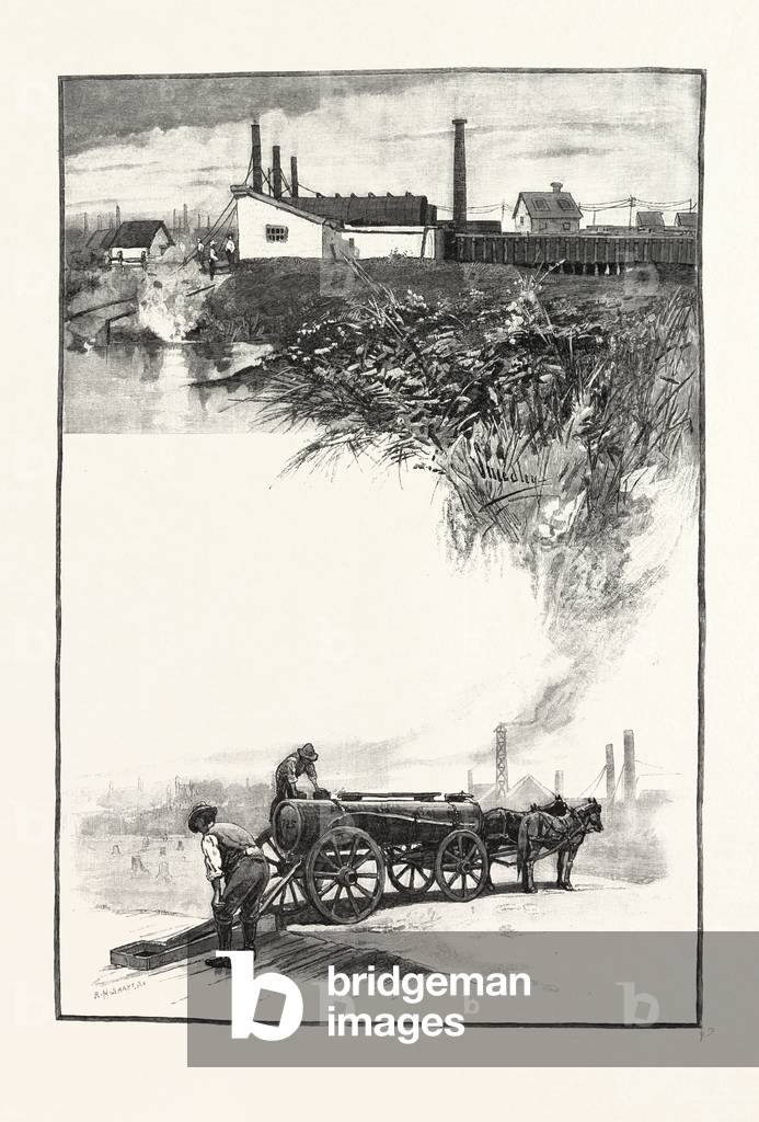 Refinery (Top); Carrying the Oil (Bottom), Canada, Nineteenth Century Engraving