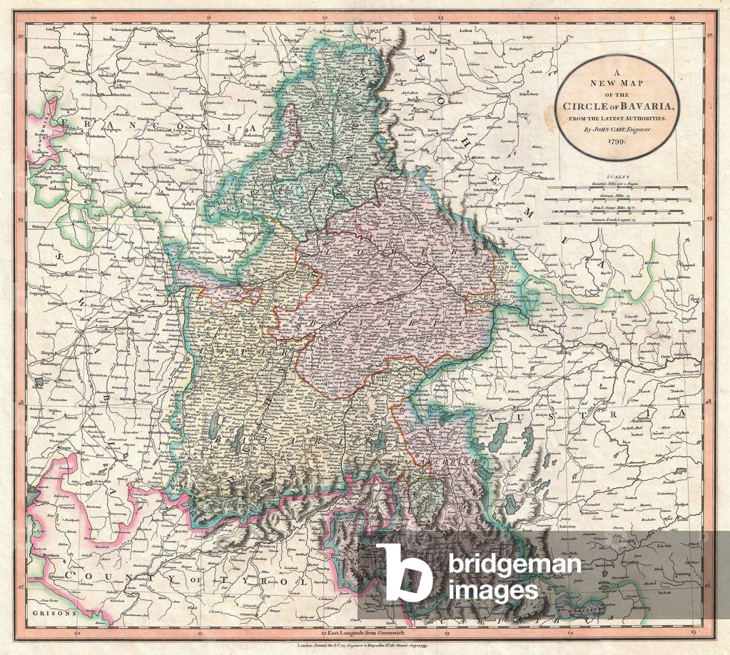 1799, Cary Map of Bavaria and Salzburg, Germany, Munich, John Cary, 1754 Ð 1835, was an English cartographer, John Cary, 1754 Ð 1835, English cartographer