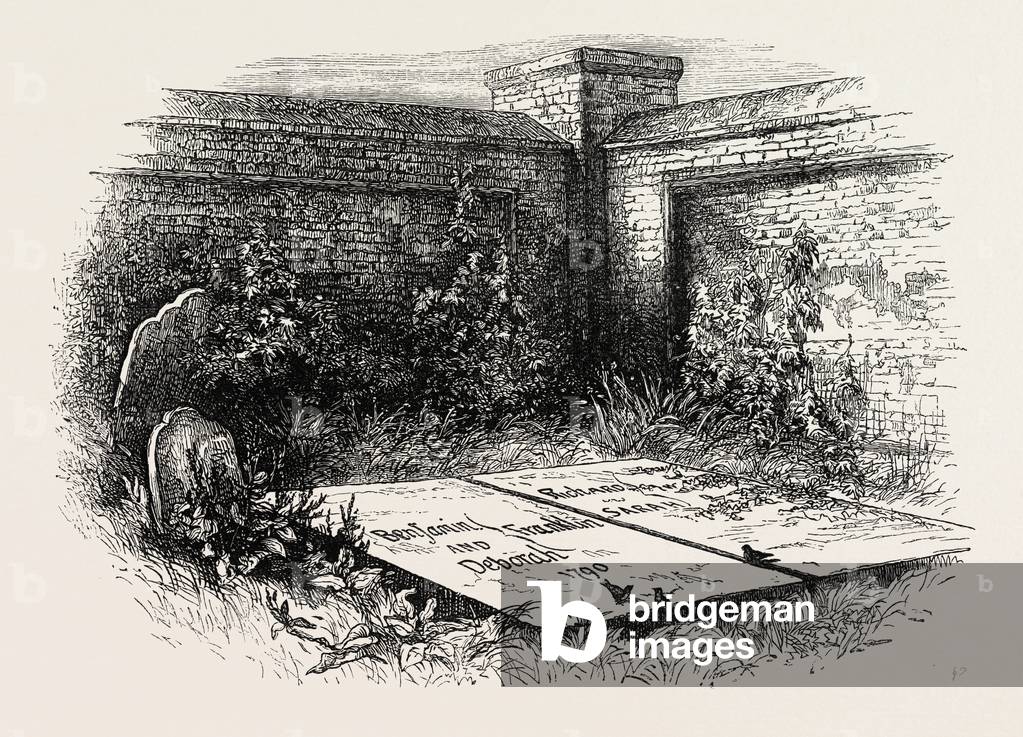 Franklin's Grave at Philadelphia,USA, 1870s Engraving