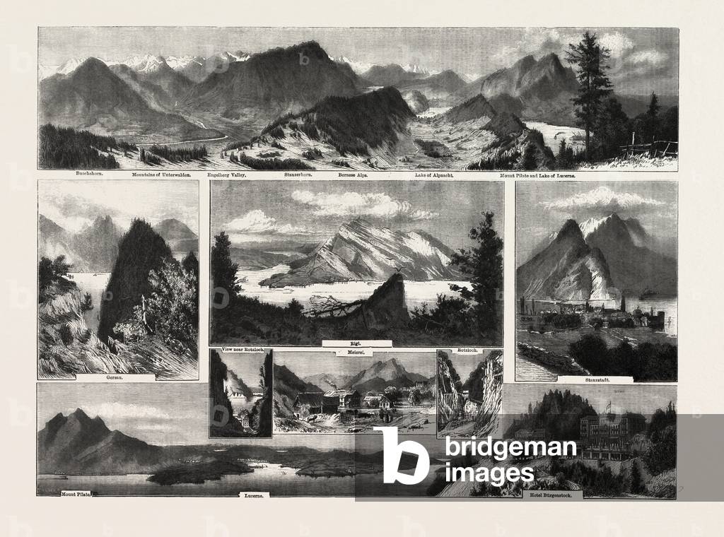 Switzerland, Buochshorn, Unterwalden, Engelberg, Stanzerhorn, Bernese Alps, Alpnacht, Mount Pilate, Lake of Lucerne, Gersau, Rigi, Meierei, Rotzloch, Stanzstadt, Hotel Burgenstock, Engraving 1882