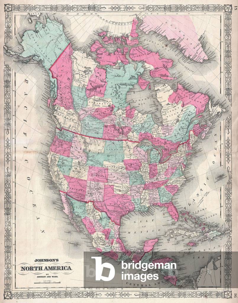 1864, Johnson Map of North America, Canada, United States, Mexico