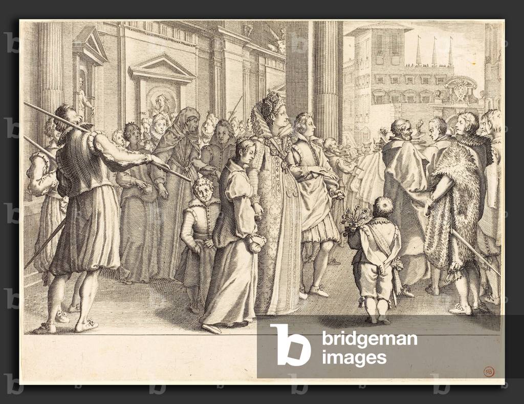 La grande duchesse (Christine de Lorraine, 1565-1637) marie des jeunes filles, extrait de la vie de Ferdinand I de Medicis (1549-1609) - Jacques Callot (French, 1592 - 1635), Grand Duchess at the Procession of the Young Girls, c. 1614, engraving