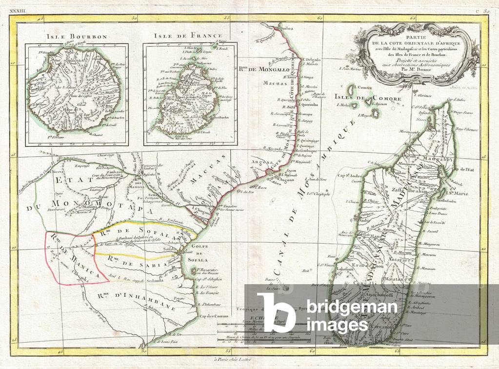1770, Bonne Map of East Africa, Madagascar, Isle Bourbon and Mauritius, Mozambique, Rigobert Bonne 1727 Ð 1794, one of the most important cartographers of the late 18th century