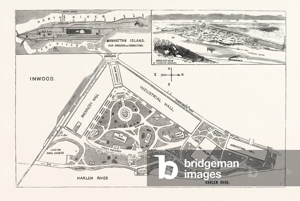 New York: Ground Plan and Elevation of the Buildings. Avenues and Approaches Proposed for the World's Fair at Inwood