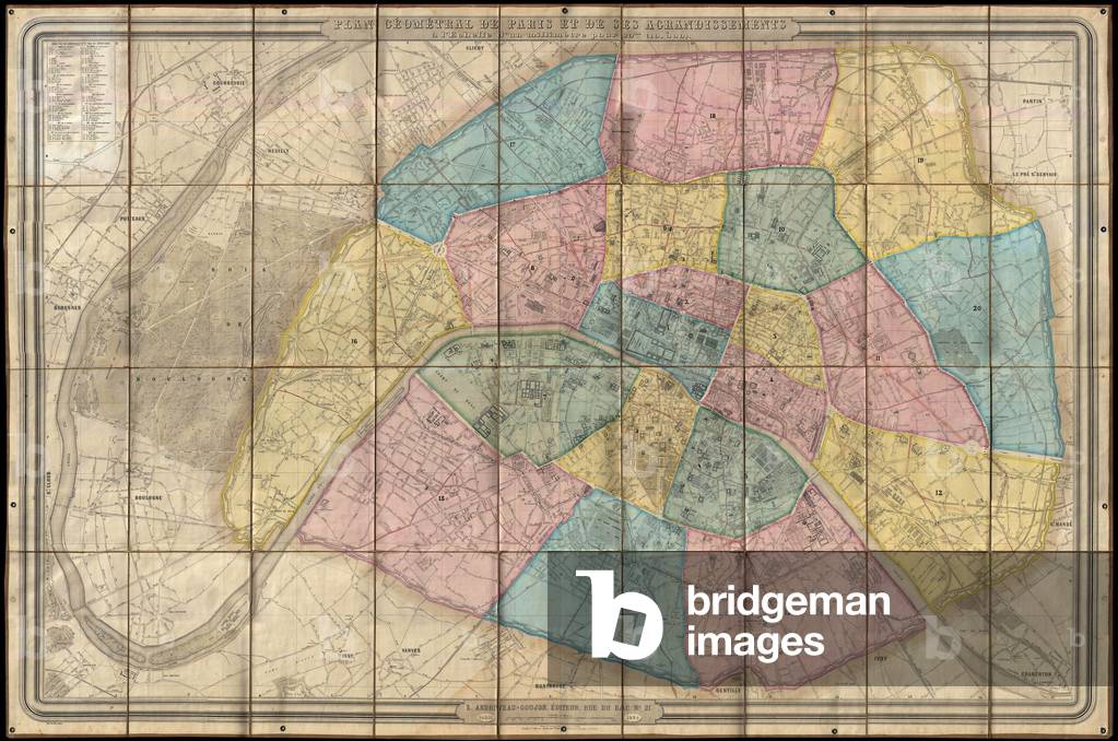 1860, Andriveau Goujon Folding Wall Map of Paris, France
