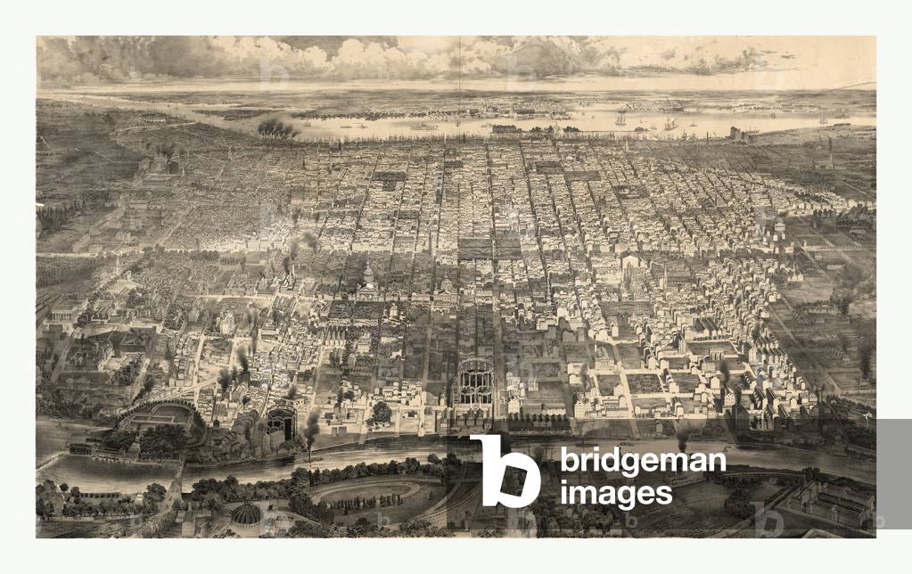 Bird's Eye View of Philadelphia, Circa 1857, US, USA, America. Weik, John
(b. ca. 1827-ca. 1890), publisher. John Weik, born ca. 1827 in Württemberg, Germany, worked as a book seller, stationer, and print publisher in Philadelphia ca. 1851-ca. 1872. Weik immigrated to Philadelphia in 1850 and soon after started the naturalization process and entered the city's publishing industry, including lithographs.
