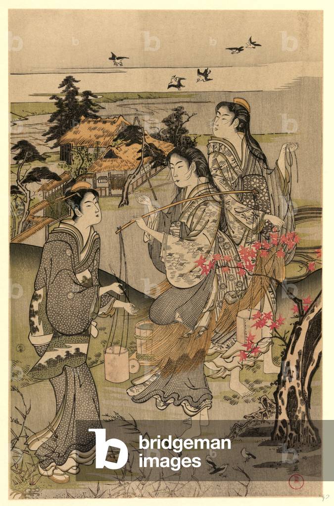 Chidori No Tamagawa, Plovers at Tamagawa. [Between 1780 and 1820], 1 Print : Woodcut, Color., Print Shows Three Women(?) Watching Plovers Dive Over the Tama River.