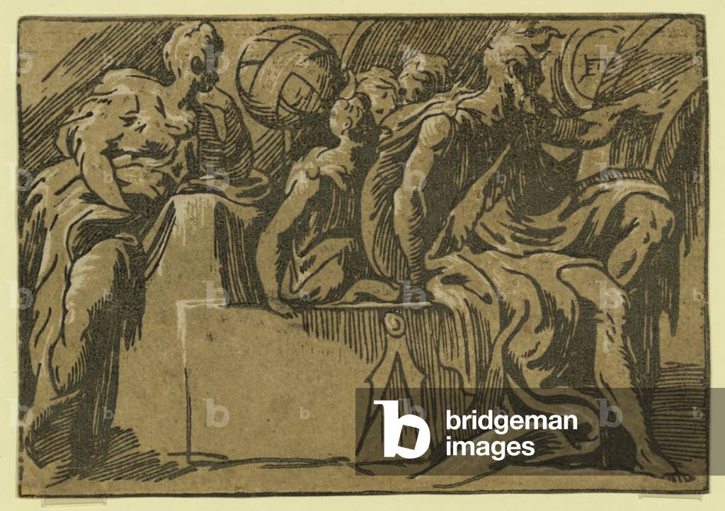 The Philosopher Diogenes and the Allegory of Astronomy, Between 1530 and 1550. Chiaroscuro Woodcut, Allegorical Print Showing a Seated Man Thinking and Another Figure Looking at a Globe.