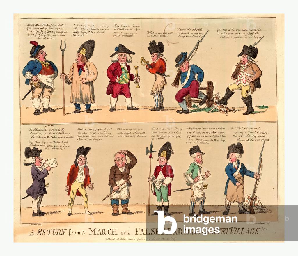 A Return from a March or a False Alarm in a Country Village, Engraving 1799, a Group of British Citizens Mustered in Response to an Alarm that the French Were Attacking England which Proved to Be False; They Complain of Soiled, Torn, or Lost Clothing, and One Reads a List of the Killed and Wounded which Includes Several Pigs, Fowl, and an Old Woman.